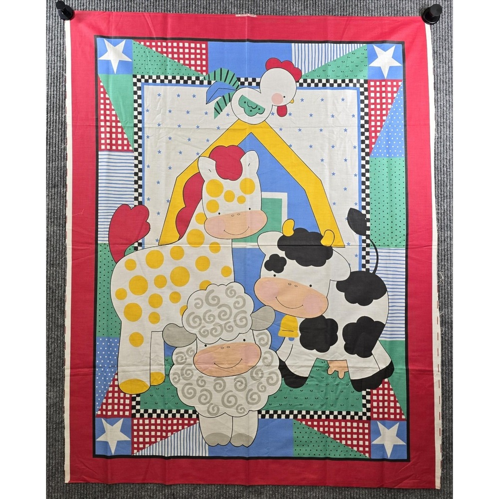 Vintage 1990s Springs Industries Farm Animals Fabric Panel Cow Sheep Horse 35x35